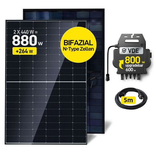 Balkonkraftwerk Komplettset 800W / 880Wp von NEW4Y.eu für nachhaltige Energieerzeugung mit Bifazialzellen.